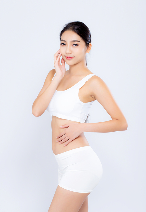 Portrait young asian woman smiling beautiful body diet with fit isolated on white, model girl weight slim with cellulite or calories, health and wellness concept.