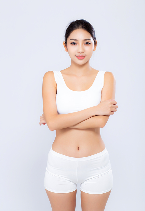 Portrait young asian woman smiling beautiful body diet with fit isolated on white, model girl weight slim with cellulite or calories, health and wellness concept.