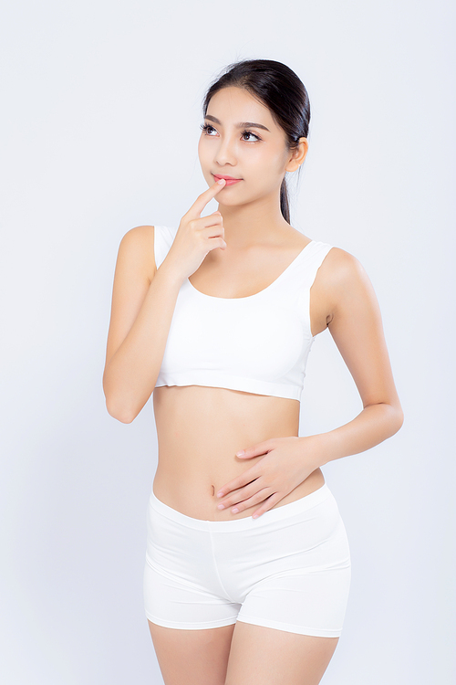 Portrait young asian woman smiling beautiful body diet with fit thinking idea isolated on white, model girl weight slim with cellulite or calories, health and wellness concept.