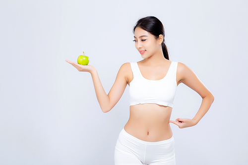 beautiful body asian woman  slim holding green apple with cellulite for wellness, girl with fitness for weight loss and healthy isolated on white, healthcare and diet concept.