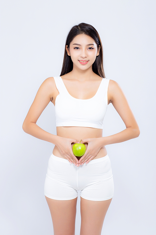 beautiful body woman  diet slim holding green apple with cellulite for wellness, girl with fitness for weight loss and healthy isolated on white, healthcare concept.