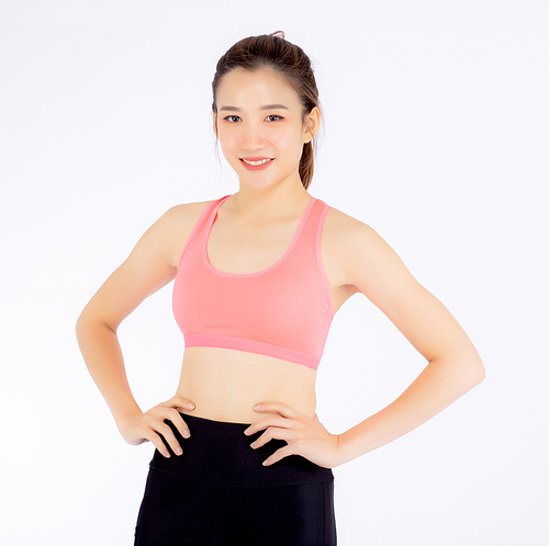 Beautiful asian woman in sport clothes and body diet and slim with measuring waist for weight isolated on white, girl exercise have calories loss, health and wellness concept.