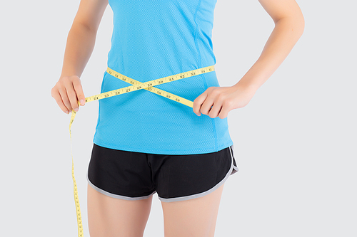 Beautiful slim closeup asian woman measuring tape thin waist wear uniform fitness isolated white background, asia girl loss weight for diet with exercise and workout wellbeing and healthy care body.