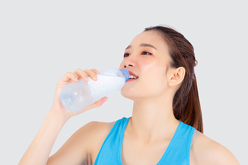 Beautiful young asian woman fit shape drinking water after workout and exercise isolated on white, girl thirsty after aerobic tired for refresh, model fitness healthy and wellness concept.