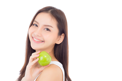 Beautiful young asian woman smile and holding green apple fruit with wellness and healthy isolated on white.