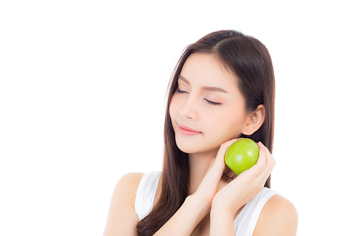 Beautiful young asian woman smile and holding green apple fruit with wellness and healthy isolated on white.