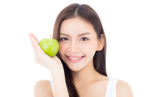 Beautiful of portrait young asian woman smile and holding green apple fruit, girl with wellness and healthy isolated on white.