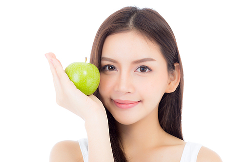 Beautiful of portrait young asian woman smile and holding green apple fruit, girl with wellness and healthy isolated on white.
