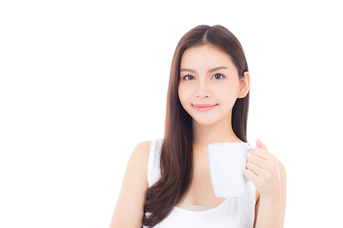 Beautiful portrait asian young woman smiling and drinking water glass with fresh and pure for diet, beauty girl thirsty and charming holding beverage with healthy isolated on white, health care concept.