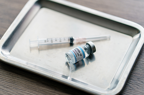 Needles and syringes in the tray for prevention and treatment from corona virus infection (Covid-19).