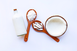 Coconut with coconut milk on white background.