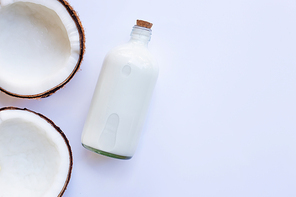 Coconut with coconut milk on white background. Copy space