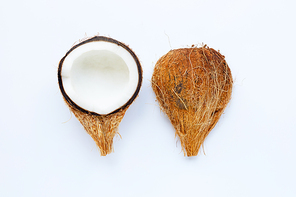 Ripe coconuts on white background. Top view of tropical fruit.