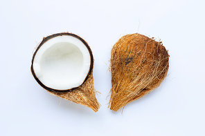 Ripe coconuts on white background. Top view of tropical fruit.