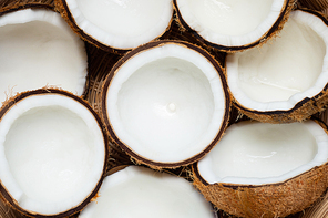 Top view of ripe coconuts in basket.