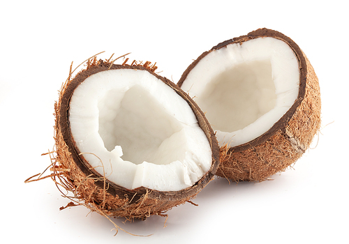 Isolated split brown coconut on the white background