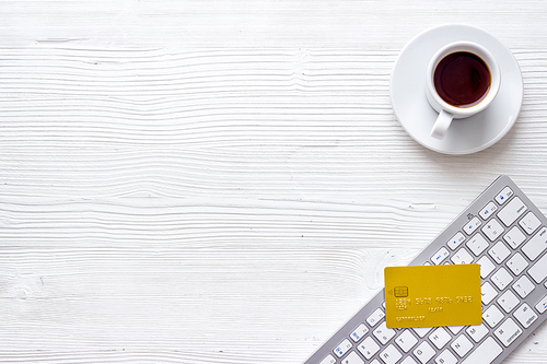 shopping online payment. Card on keyboard on table top view