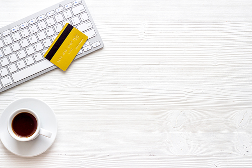 shopping online payment. Card on keyboard on table top view