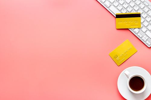 shopping online payment. Card on keyboard on table top view