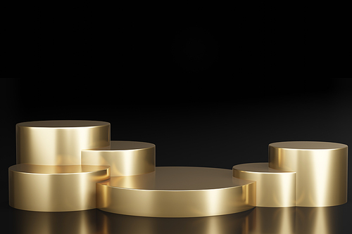 Mock up different size of Gold product showcase podiums on dark background. marketing and advertising. 3d rendering.