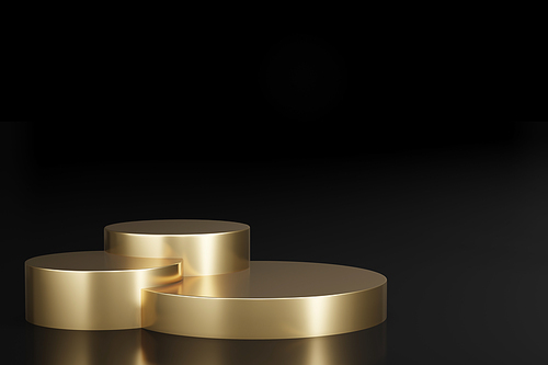 Mock up different size of Gold product showcase podiums on dark background. marketing and advertising. 3d rendering.