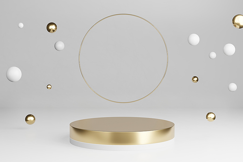 3d render : mockup golden platform with round shining rings and falling decoration ball with empty space for product show.