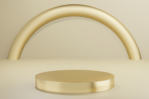 Round gold podium for product presentation in yellow pastel color studio.