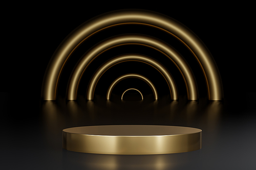 Round gold podium for product presentation in black background studio.