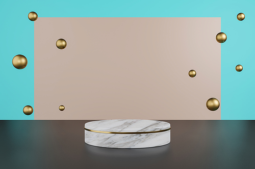 Product stand, white marble and gold, round shape with gold ball decoration. 3D Rendering