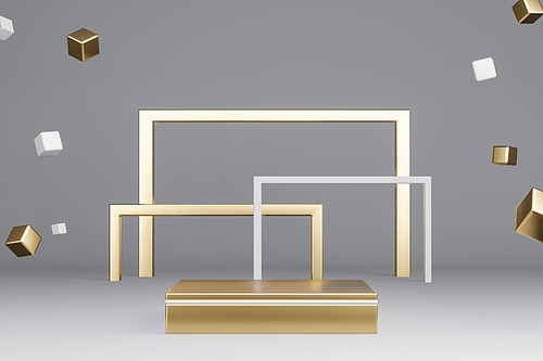 Golden product stand and silver and light yellow gold color square frame, with falling cube box decoration on gray background. 3D Rendering
