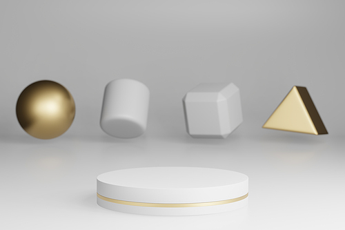 Mock up studio with marble cylindrical shapes, podium, platforms for product presentation, with gold object decoration on gray background. 3d rendering