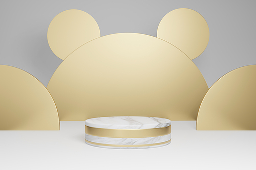 Mock up studio with marble cylindrical shapes, podium, platforms for product presentation, with gold object decoration on gray background. 3d rendering