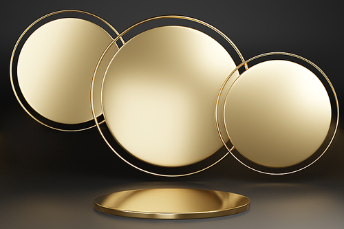 Blank pedestal with round gold circle on dark background, 3d rendering mockup