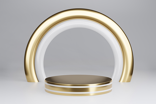 Blank pedestal with round gold frame on gray background, 3d rendering mockup