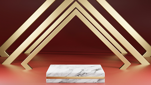 Mockup white marble and gold square shape pedestal with gold decoration on red background, 3d rendering