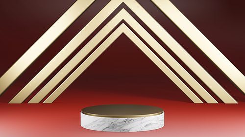 Mockup white marble and gold cylinder shape pedestal with gold decoration on red background, 3d rendering