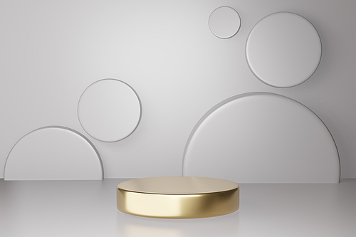 3d rendered studio mock up background for product presentation,  with circle shapes, podium on the floor. minimal gold colors.
