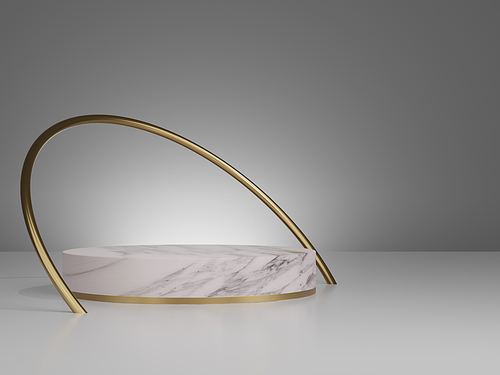 3d render of gold and white marble pedestal steps with golden ring on grey background, mockup.