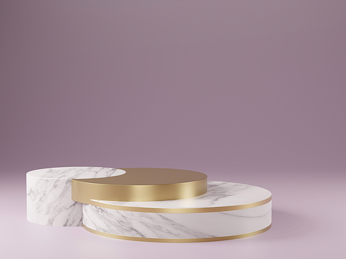 3d rendered studio mock up for product presentation, with marble and gold podium circle shapes on the floor. purple colors.