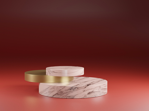 3d rendered studio mock up for product presentation, with marble and gold podium circle shapes on the floor. red colors.