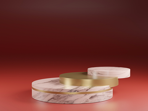3d rendered studio mock up for product presentation, with marble and gold podium circle shapes on the floor. red colors.