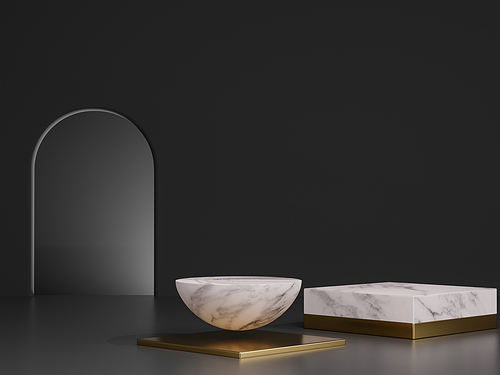 3d rendering mockup of white marble with gold pedestal steps and arch entrance on dark background.