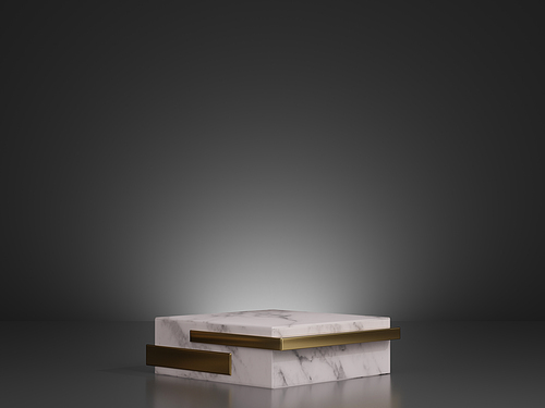 3d rendering mockup of white marble and gold pedestal steps on dark background.