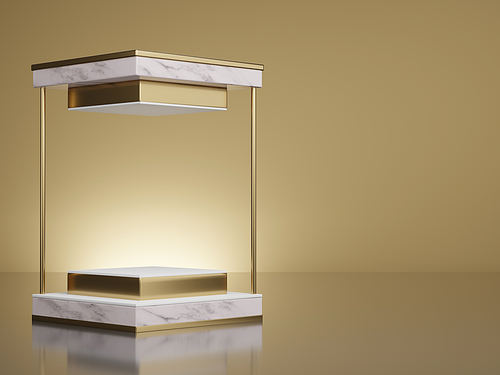 3d rendering mockup of white marble and gold square, pedestal steps on light yellow gold background.