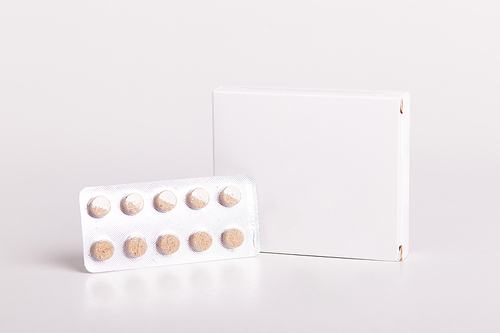 White pills box. Plastic bottles. Drugs box mock-up. Medical blank cardboard. Pills bottle. Mockup.