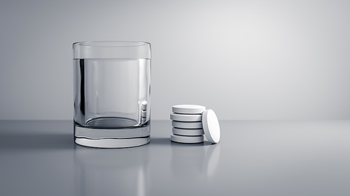 a glass of water with some tablets 3D illustration