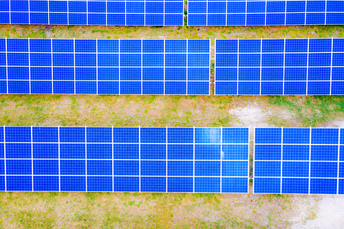 Solar panel, photovoltaic, alternative electricity source - concept of sustainable resources. Aerial view of Solar panels Photovoltaic systems industrial landscape