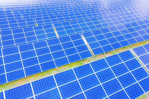 Renewable Energy and Sustainable Development / Park of Photovoltaic Solar Panels . Aerial view of Solar panels Photovoltaic systems industrial landscape