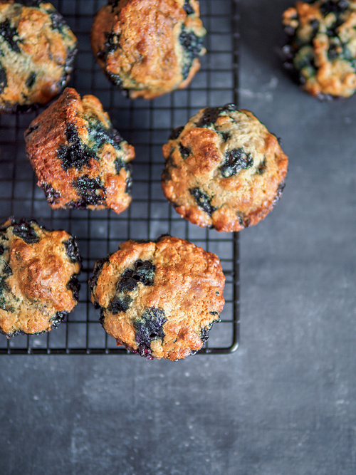 Homemade vegan blueberry muffins on cooling rack. Vegetarian egg-free muffins on dark background. Vertical. Top view or flat lay. Copy space for text or design.