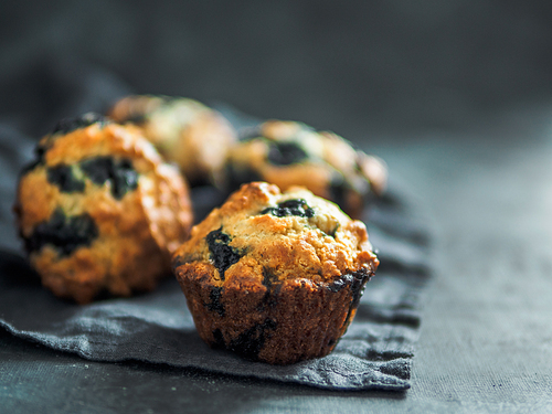 Homemade vegan blueberry muffins on dark background. Copy space for text or design. Low key